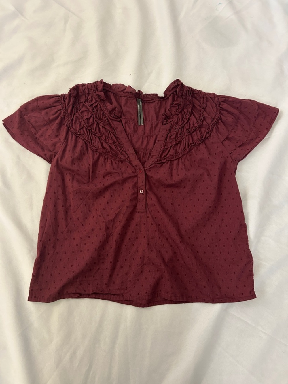 Anthropologie Burgundy Ruffled Dot-Texture Short Sleeve Blouse